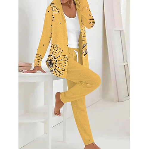 Completo da donna due pezzi, attivo, quotidiano, con felpa e pantaloni, manica lunga, scollo a V, con cappuccio, stampa floreale, con coulisse, casual, giallo, rosa, verde, autunno, vestibilità