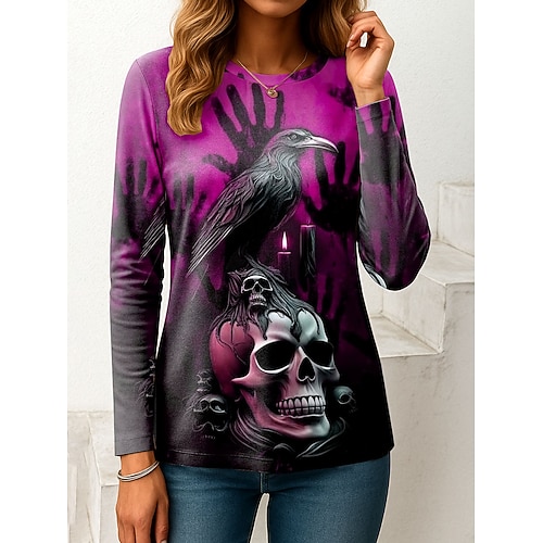 Damen T-Shirt Schädel Grafik Vintage Mode Stylisch Langarm Crew Neck Reguläre Tops Täglich Wochenende Print Pink Rot Blau Orange Grün Frühling Herbst Winter Image