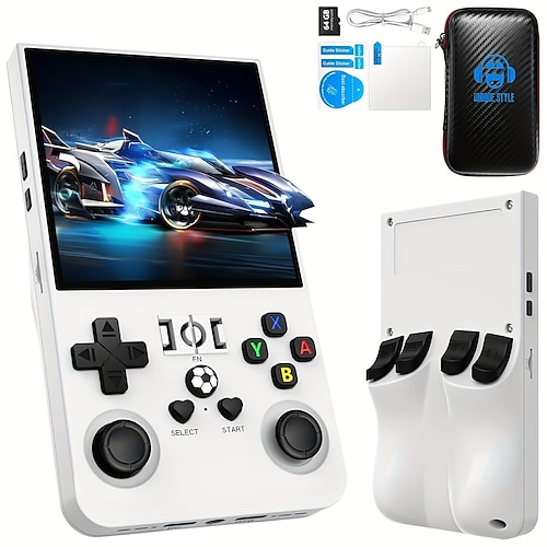 verbesserte Handheld-Spielkonsole R36max – Joystick mit Doppelfunktion, wiederaufladbarer Lithium-Akku über USB, inklusive 64-GB-Karte, schwarze Tragetasche, perfekt für Gaming unterwegs, tragbare Image
