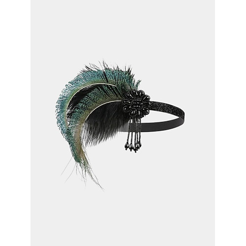 Damen-Stirnband mit goldenen Perlen und Federn im Stil der 1920er Jahre mit Strassketten – Vintage-Haar-Accessoire für Gatsby-Partys und Flapper