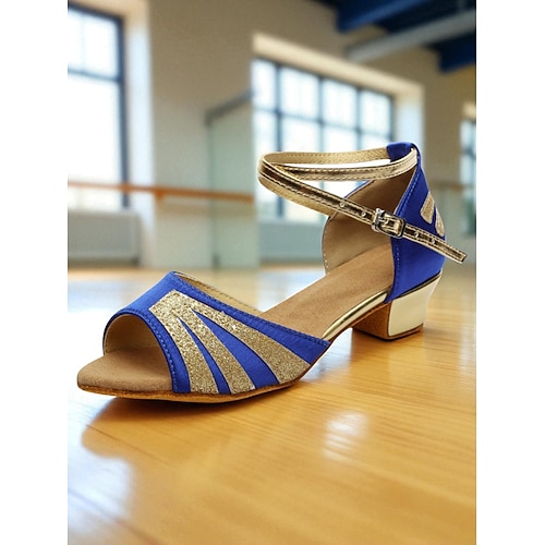 Professionelle Latein-Tanzschuhe für Damen – blau-goldener Glitzer, offene Zehenpartie, Knöchelriemen, niedriger Absatz, Standardschuhe für Teenager und Erwachsene, ideal für Salsa, Rumba und Image