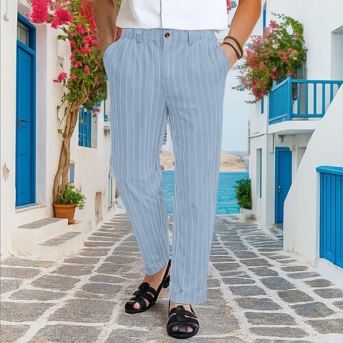 Herren Anzughose Leinenhosen Hose Sommerhose Baggy-Hosen Tasche Gerader Schnitt Gestreift Komfort Atmungsaktiv Volle Länge Urlaub Täglich Ferien Urlaub Hawaiianisch Schwarz Weiß Unelastisch Image