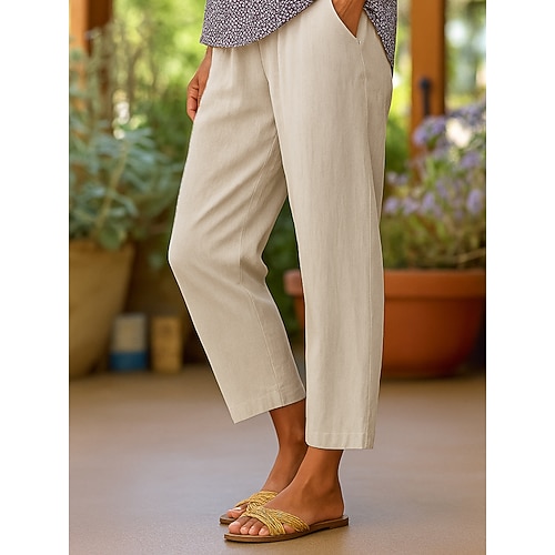 Damen Hose aus Baumwollleinen Hose Sommerhose Baggy-Hosen Urlaub Vintage Mode Volle Länge Mittlere Taille Einfarbig Elastischer Bund Schnelltrocknend Atmungsaktivität Leicht Mikroelastisch Outdoor Image