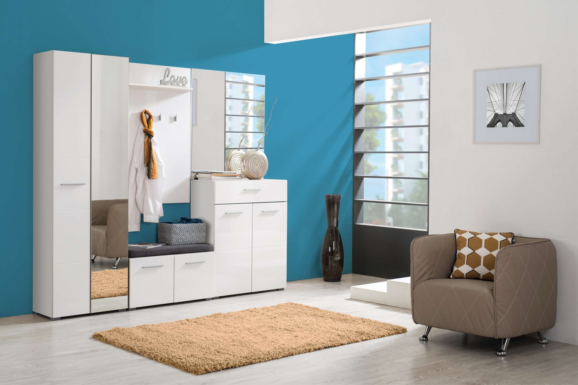 Garderoben-Set HOME AFFAIRE "Beny Flurmöbel, Dielenmöbel, Flurschrank, Flurgarderobe Breite 218 cm", weiß (opak weiß, weiß hochglanz), B:218cm H:192,5cm T:35,5cm, Glas, Kunststoff, MDF, Metall, Spanplatte, Kastenmöbel-Sets, inkl. 2 Schränke,...