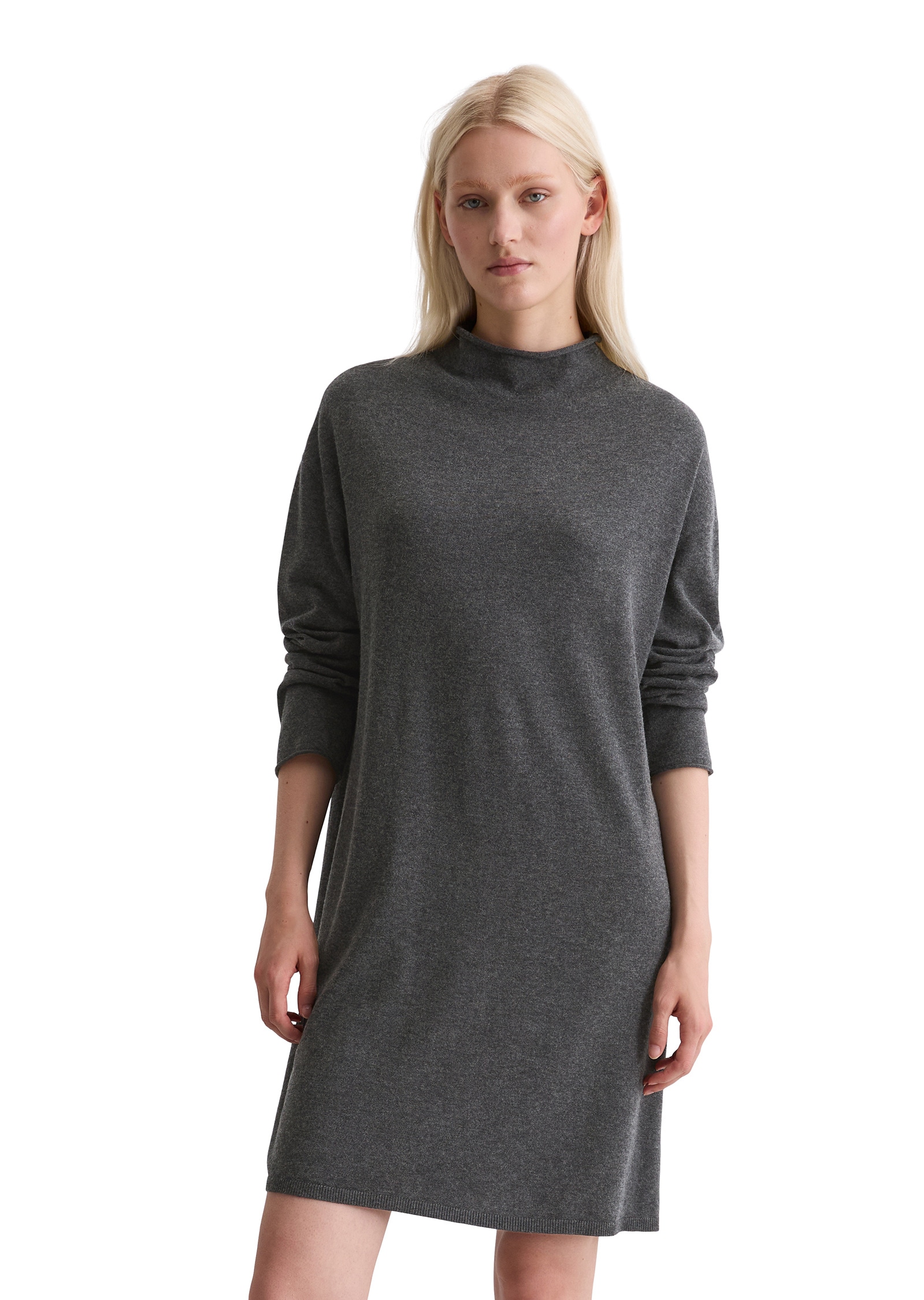 Strickkleid MARC O'POLO "aus softem Schurwolle-Mix", Damen, Gr. 46, Normalgrößen, grau (dunkelgrau melange), Obermaterial: 50% Schurwolle, 33% Viskose, 17% Polyamid, unifarben, relaxed fit kurz, Rippbündchen, Kleider Strickkleid