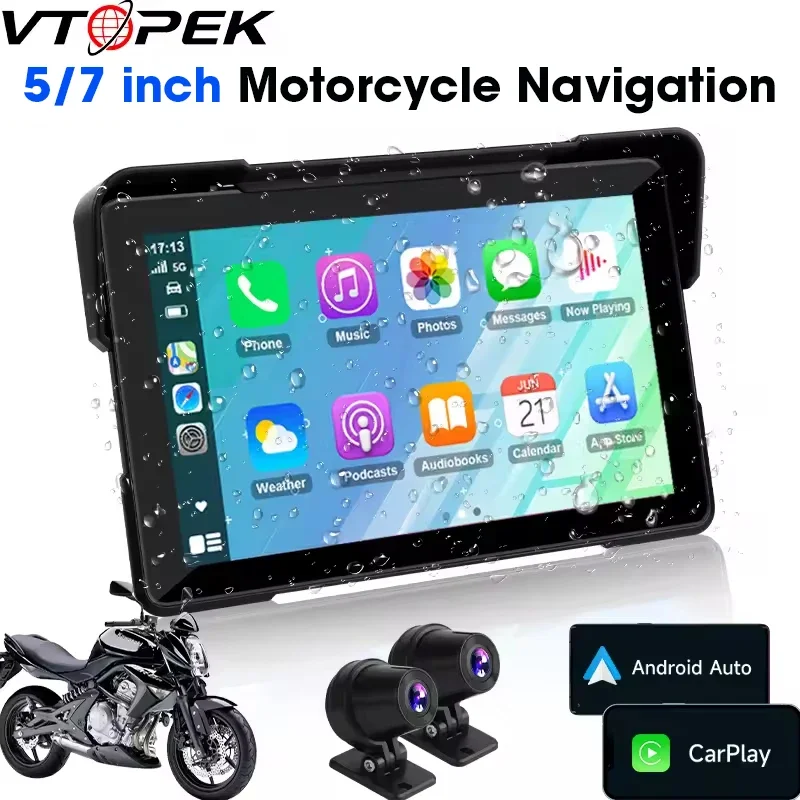 Vtopek 5"/7" Zoll Motorrad DVR GPS Navigation Multimedia Player Wireless CarPlay Android Auto IPX7 Wasserdichter Bildschirmrekorder Image