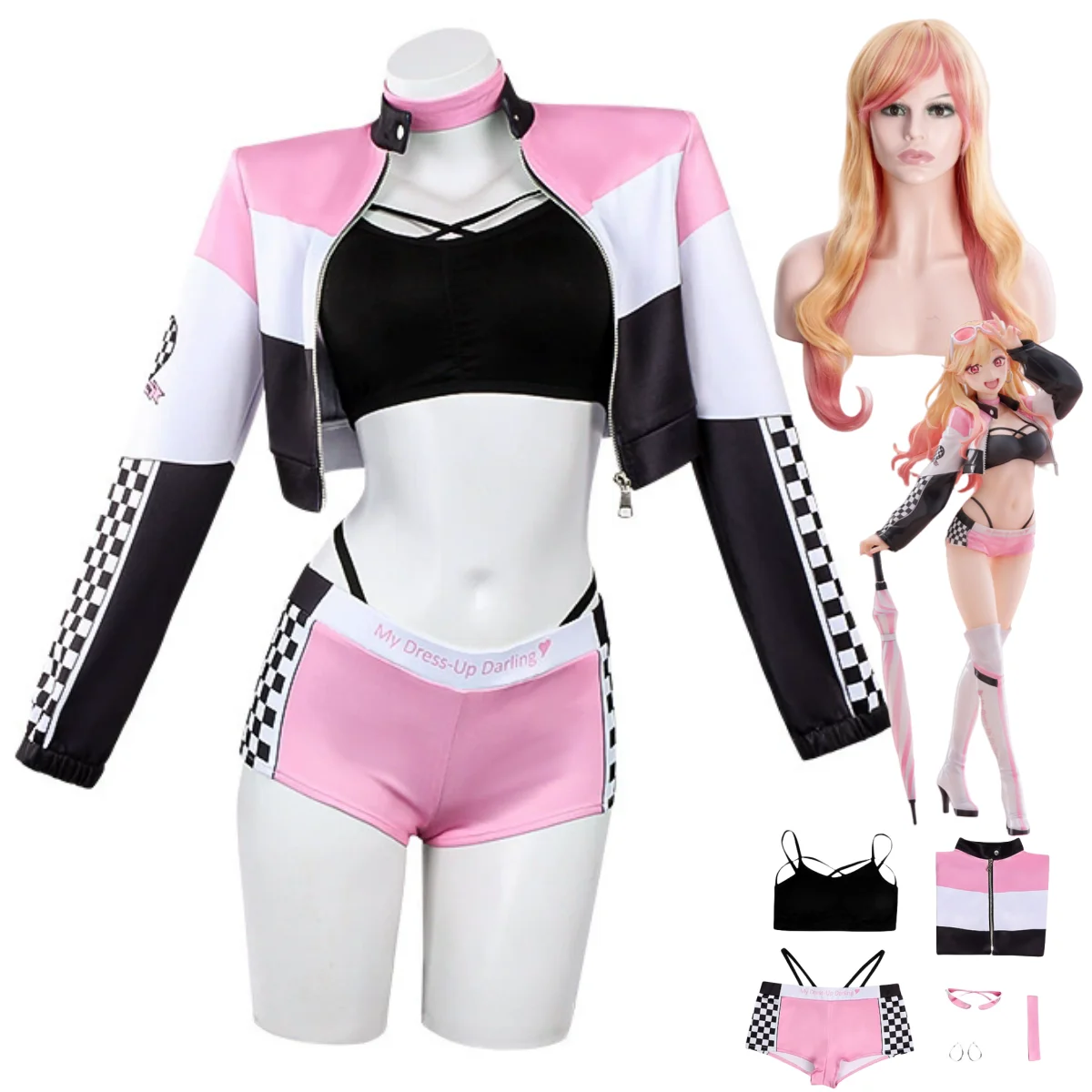 Anime My Dress-Up Darling Kitagawa Marin Cosplay Kostüm Rosa Rennanzug Mantel Shorts Perücke Frau Sexy Karneval Weihnachtsanzug