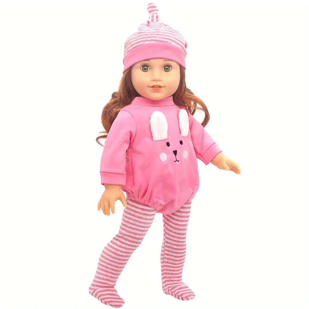 Mädchenpuppenkleidung, geeignet für 18-Zoll-amerikanische Puppen (Produkt enthalten keine Puppe und Schuhe). Rosa besticktes Kaninchen-Strampler-Set