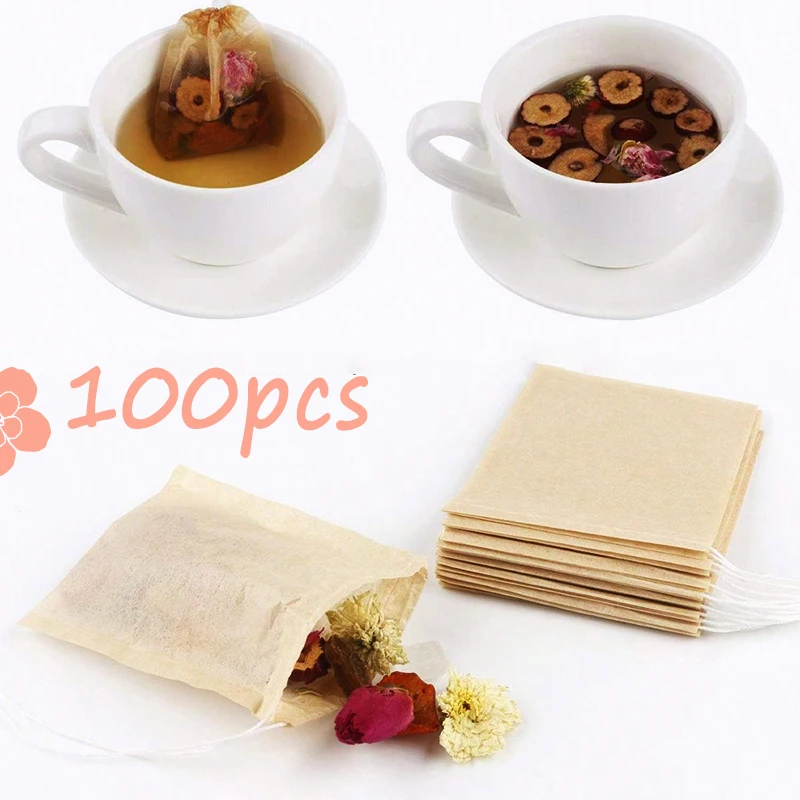 100PC Einweg Teebeutel Papier Kordelzug Kaffee Infuser Teebeutel Natürliches Holzzellstoff Papier Tee Filterbeutel Blumentee Filterbeutel Image