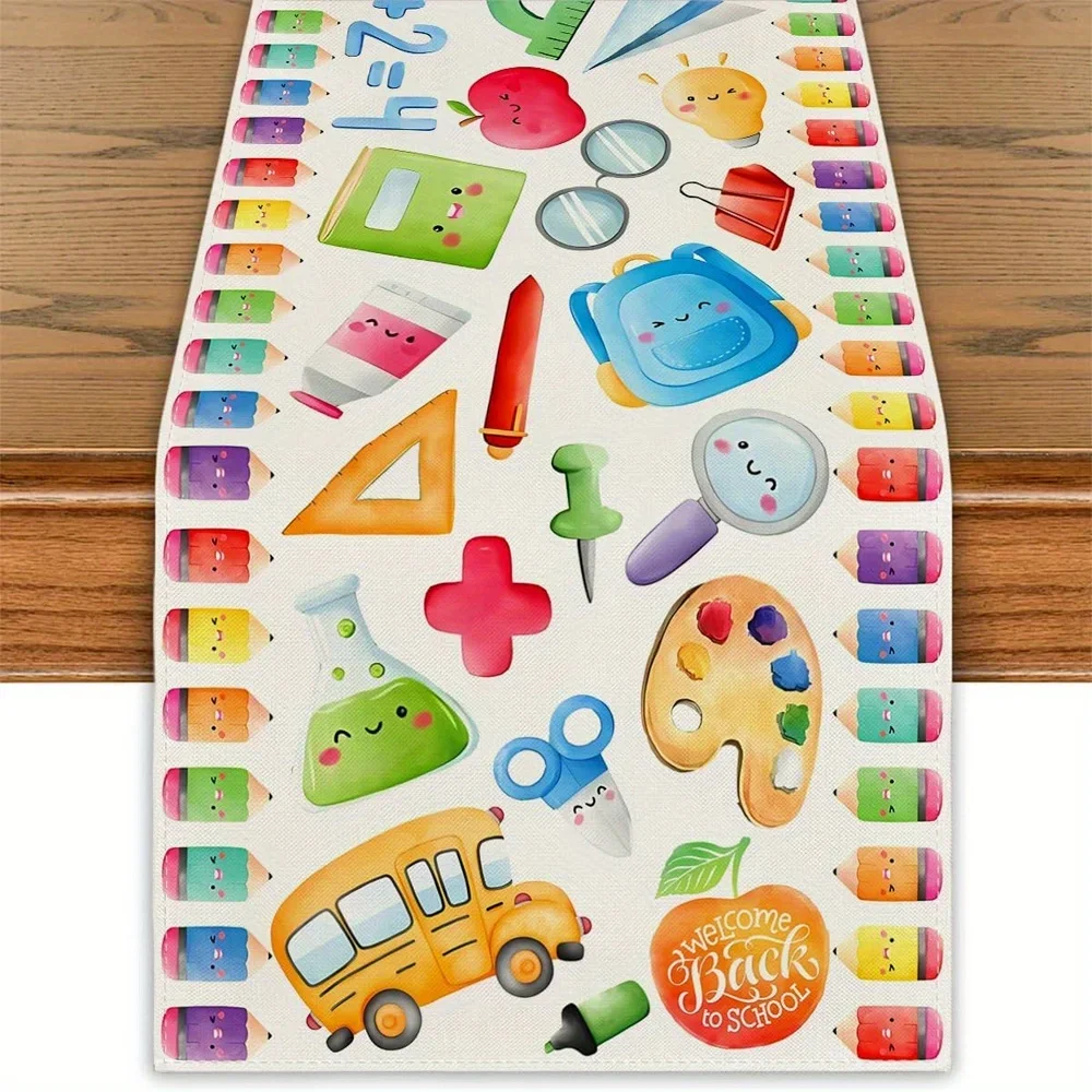 1-teiliger Tischläufer zum Schulanfangsthema mit interessantem Briefpapiermuster, geeignet für Klassenzimmerdekoration, Schulthema P