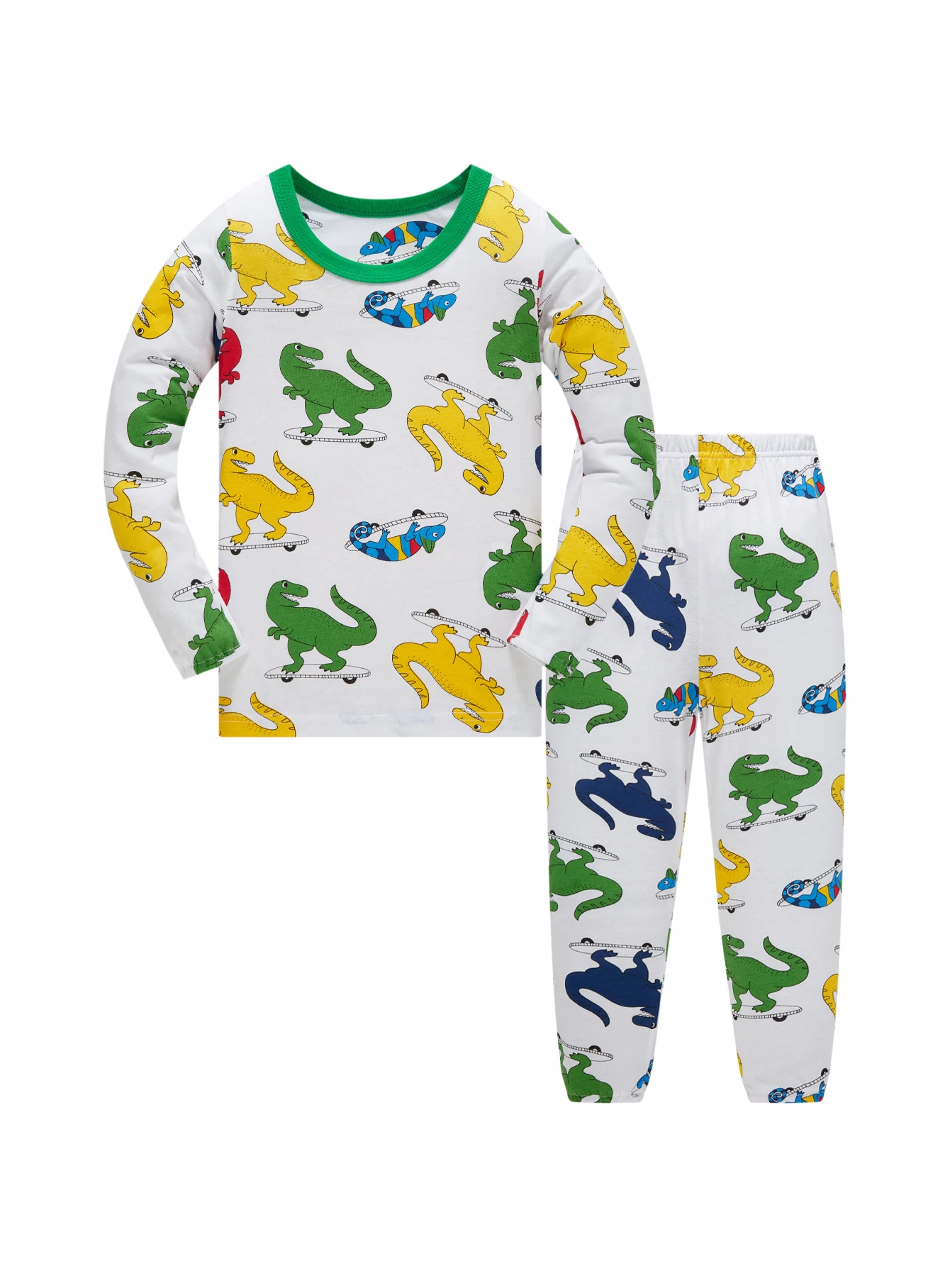 Kinder-Nachtwäsche-Set aus 100 % Baumwolle mit vollständig bedrucktem Cartoon-Dinosaurier-Langarm-Pyjama für Kinder im Alter von 1–8 Jahren, 2 Stück Image