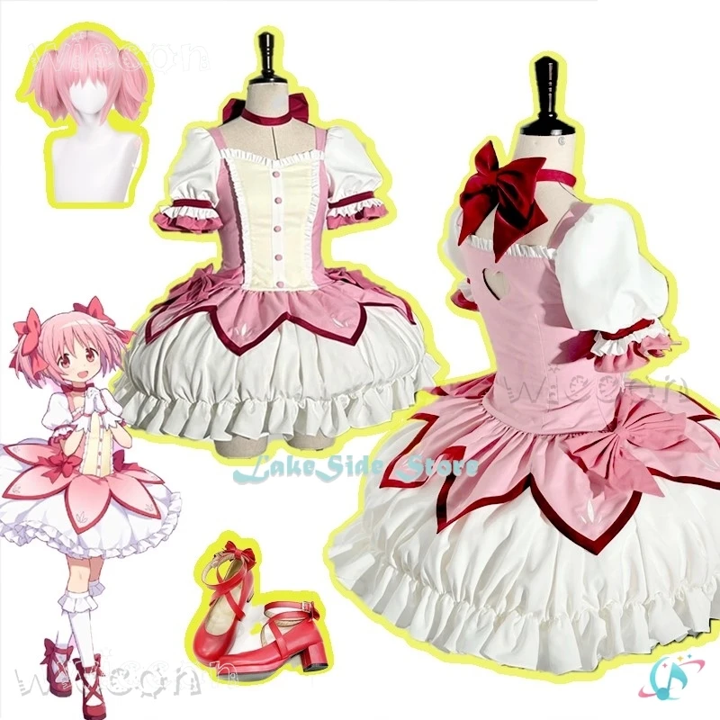 Madoka Kaname Cosplay Kostüm Perücke Puella Magi Madoka Magica Rosa Lolilta Kleid Madoka Halsband Schuhe Niedliche Anime Cosplay Outfits