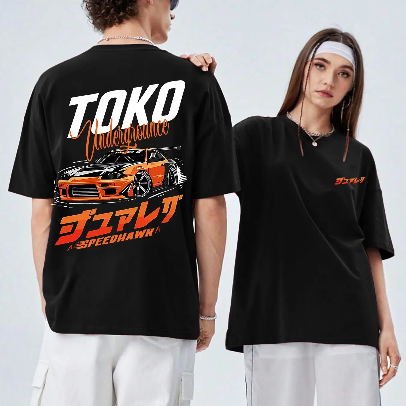 TOTKO Herren-T-Shirt mit Tokyo-Drift-Grafik, Streetwear, lässig, kurzärmelig, Rennwagen-Druck, lebendig, lila, orange, Rundhals-Top