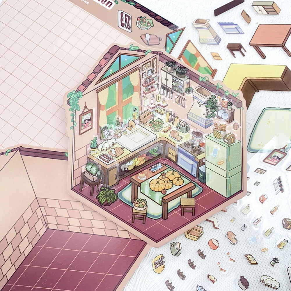 2 Stück warme Küche Miniatur Szene 3D Landschaftsbau Aufkleber DIY Szene Stapeln und Einfügen Hand Konto PET Aufkleber kreatives Geschenk Image