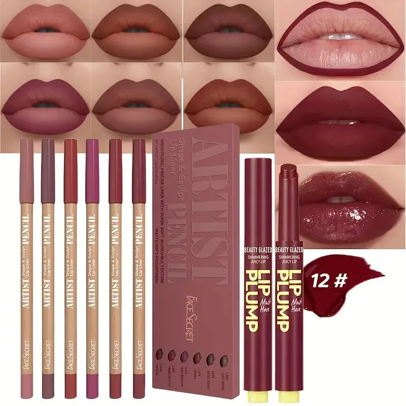 6 Stück dunkelbrauner Lipliner mit 1 Stück Lippenöl-Lippenstift-Set, feuchtigkeitsspendender fester Lipgloss-Gelee-Lippenstift, Make-up-Geschenkset für Frauen Image