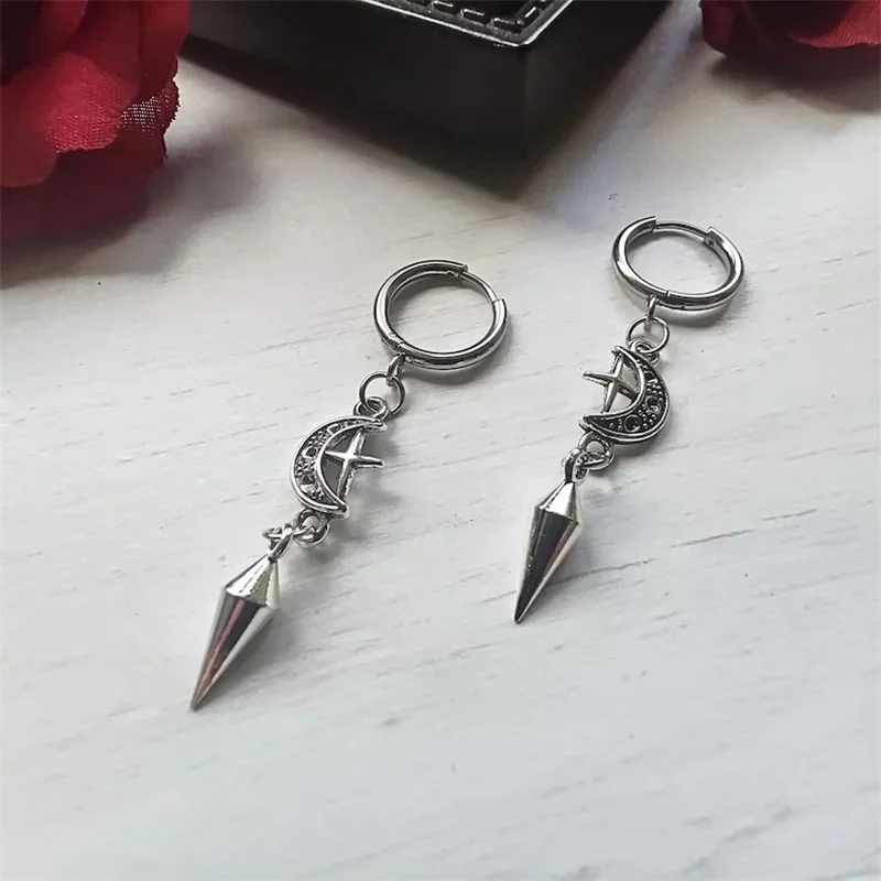 Spike earrings,moon/star hoops,punk earrings,goth earrings,gothic jewelry,huggie earrings, emo,alternative,celestial earrings