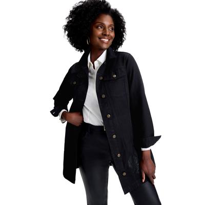 Plus Size Women's Long Denim Jacket by Jessica London in Black Leather Embroidery (Size 36 W) Tunic Length Jean Jacket