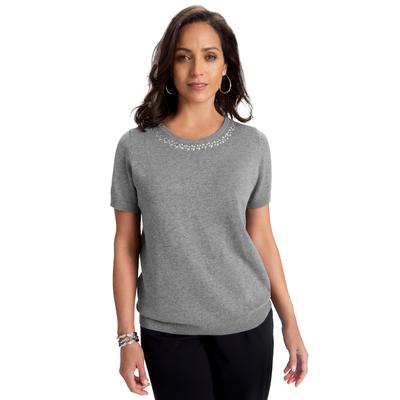 Plus Size Women's Fine Gauge Crewneck Shell by Jessica London in Medium Heather Grey Jewel (Size 22/24) Short Sleeve Sweater