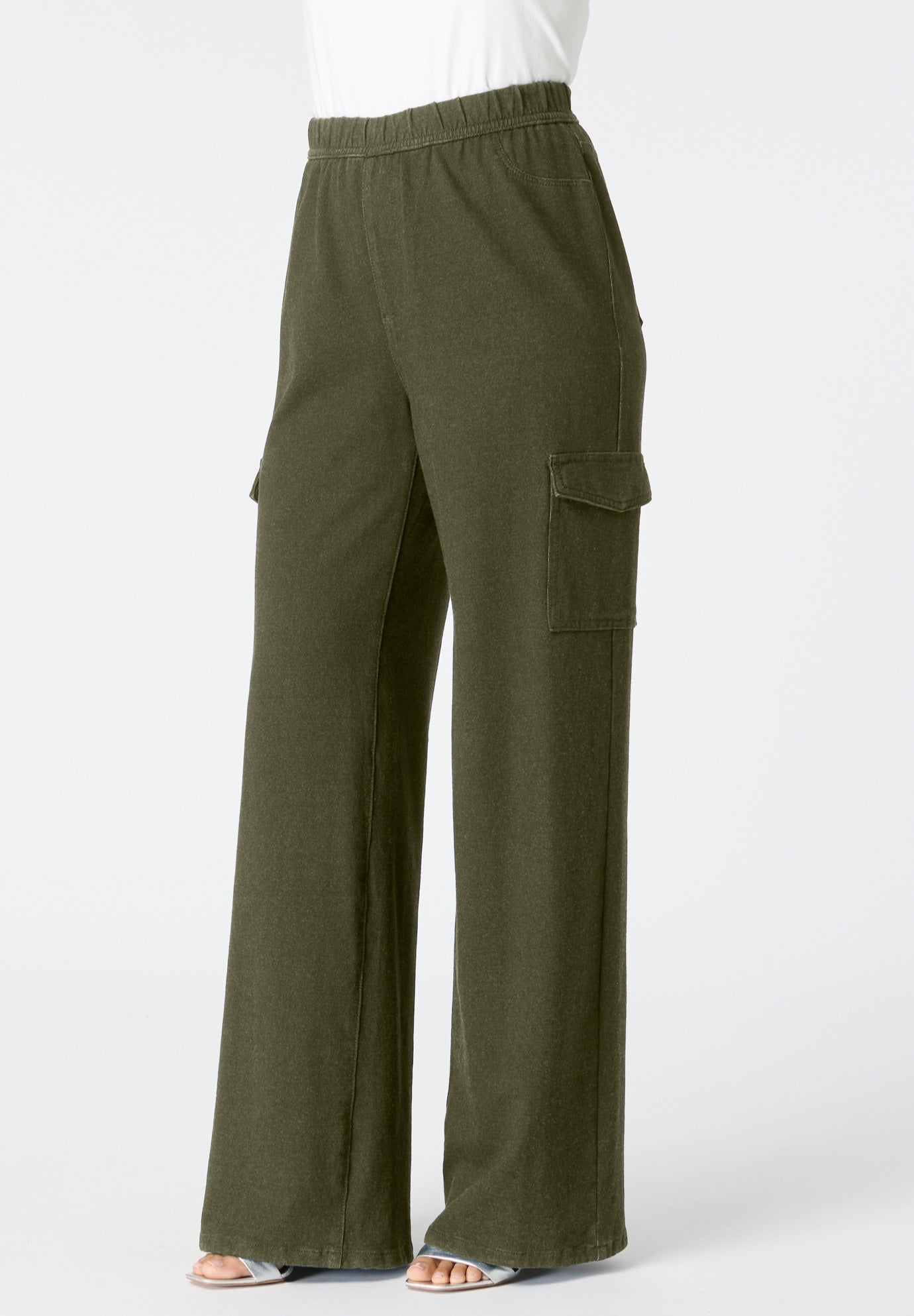 Plus Size Women's Wide Leg Cargo Knit Jean by Roaman's in Dark Olive Green (Size 12)