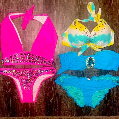 Victoria's Secret Swim | 2 Bikini Bundle (Small)+1 Free Top(32b)= 5 Pcs! Crystals, Gems & Bright Colors! | Color: Blue/Pink | Size: S