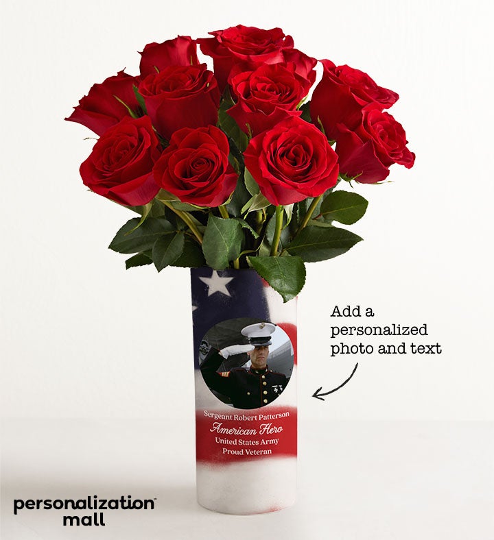 1-800-Flowers Flower Delivery Military Pride Bouquet W/ Personalized Photo Vase W/ One Dozen Red Roses