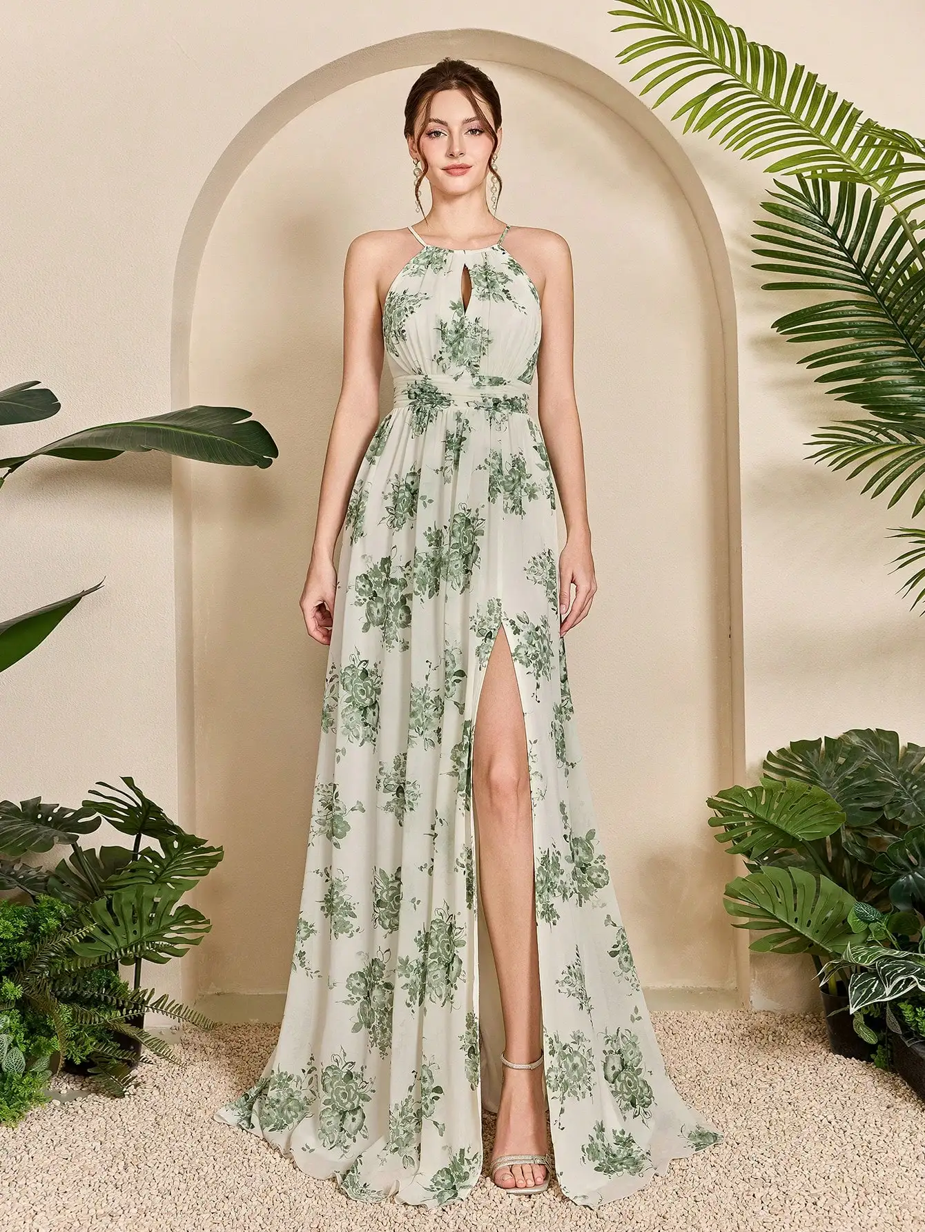 Mgiacy, Neuankömmling, Neckholder, bedruckt, elegant, Brautjungfernkleid, 3D-Blumenmuster, Schnürung, ausgehöhlt, Rüschen, Chiffon, langes Kleid, FÜR, Weddi Image