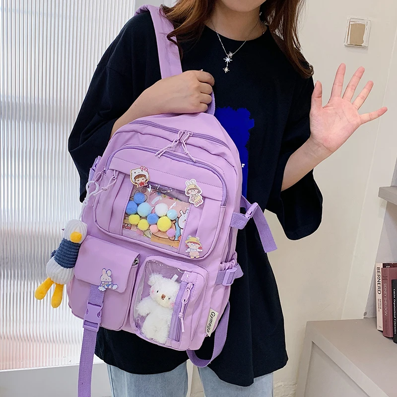 Niedliche Damen-Rucksäcke, wasserdicht, mit mehreren Taschen, Nylon, Schulrucksack für Studenten, weibliche Mädchen, Kawaii, Laptop, Bücherpackung, Mochilas Image