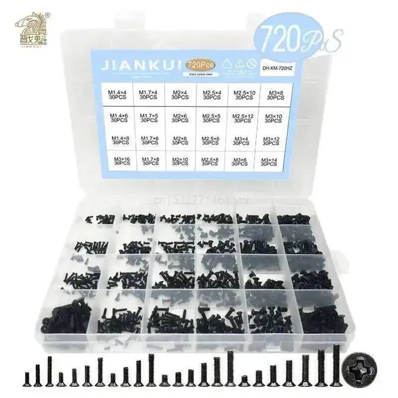 720 Stück Senkkopf-Phillips-Klein-Minischrauben-Set M1,4 M1,7 M2 M2,5 M3 Kohlenstoffstahl Computer Notebook Laptop Schraubensatz Image