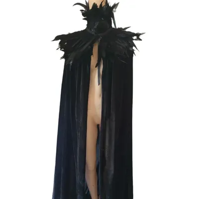 Schwarzer böser Hexenumhang Steampunk Cosplay Kostüme Federkragen Leichter Gazeumhang Länge 180 cm Halloween Karneval Party Erwachsene Image