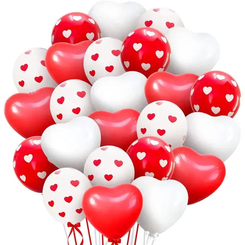 30 rote und weiße Valentinstagsballons, herzförmige Latexballons, romantische Dekoration für besondere Nächte, Geburtstage, Hochzeiten Image