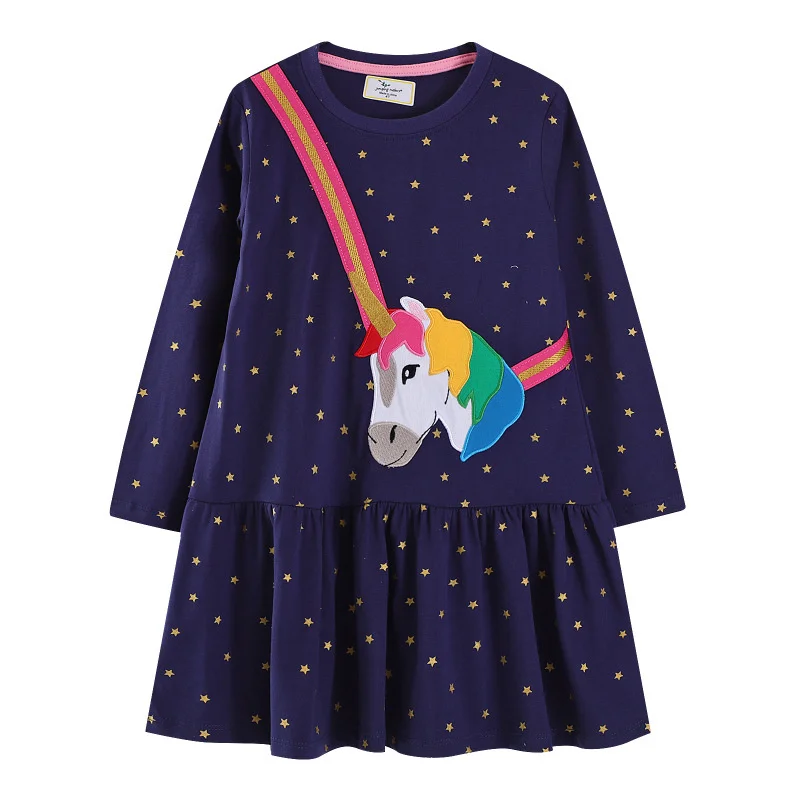 Springen Meter 2-7T Einhorn Sterne Herbst Frühling Prinzessin Mädchen kinder Kleider Langarm Party Mädchen Kleidung kinder Kleid Image