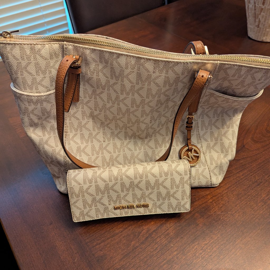 Michael Kors Bags | Authentic Michael Kors Handbag With Matching Wallet | Color: Tan/White | Size: Os