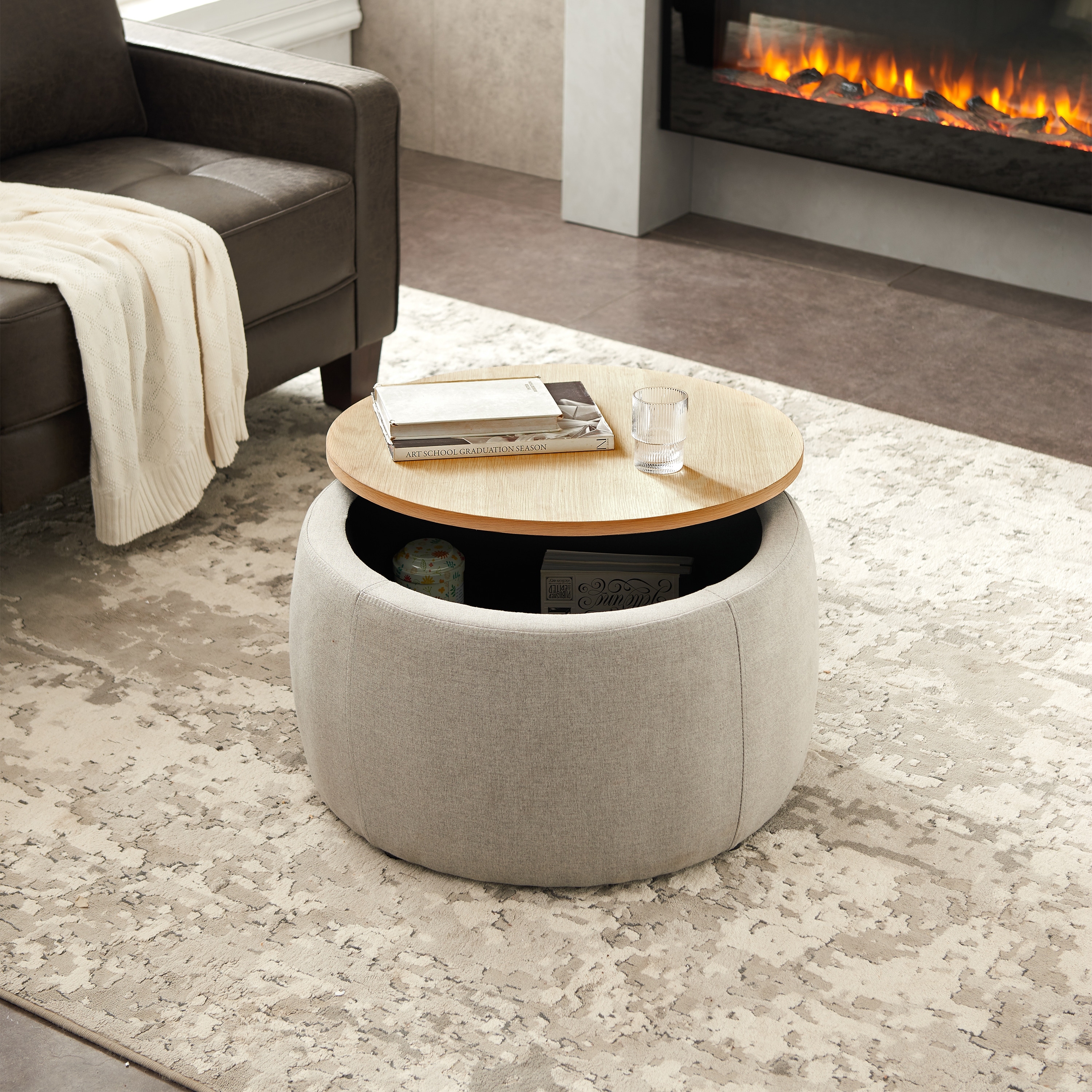 Round Storage Ottoman, 2 in 1 Function, Work as End table and Ottoman