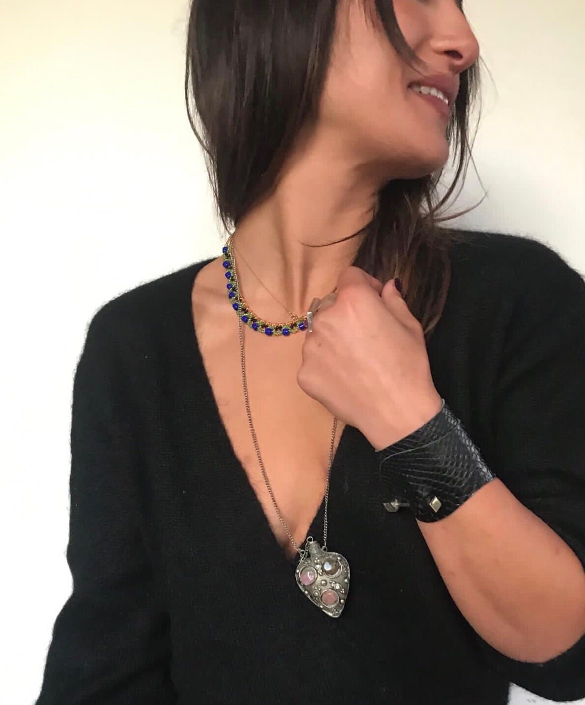 Bracelet python noir, bracelet en cuir noir pour femmes, bracelet unisexe large, bracelet en cuir unisexe, manchette en cuir, bracelet en cuir