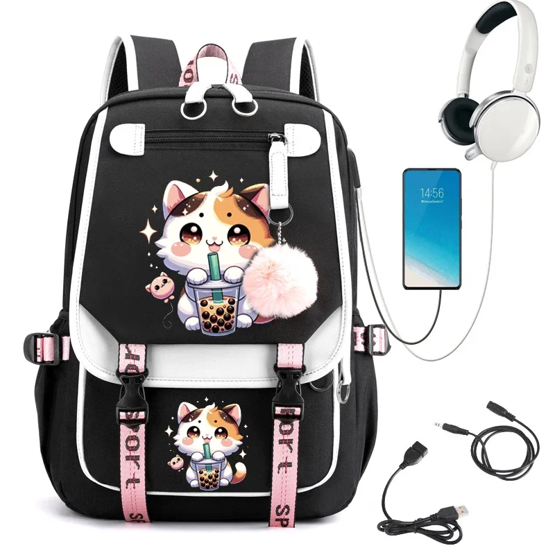 Collège étudiants sac à dos fille voyage école sac à dos mode loisirs sac à dos Boba Anime chat ordinateur portable sacs d'école Usb Bookbags
