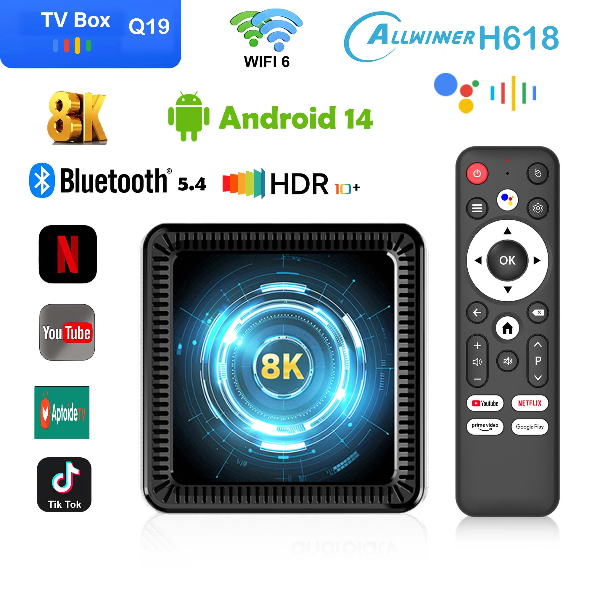 Smart Q19 TV Box Android14 Allwinner H618 8K Media Player Google Voice Assistant Storage Dual WiFi Bluetooth 5.4 Sprachfernbedienung Image