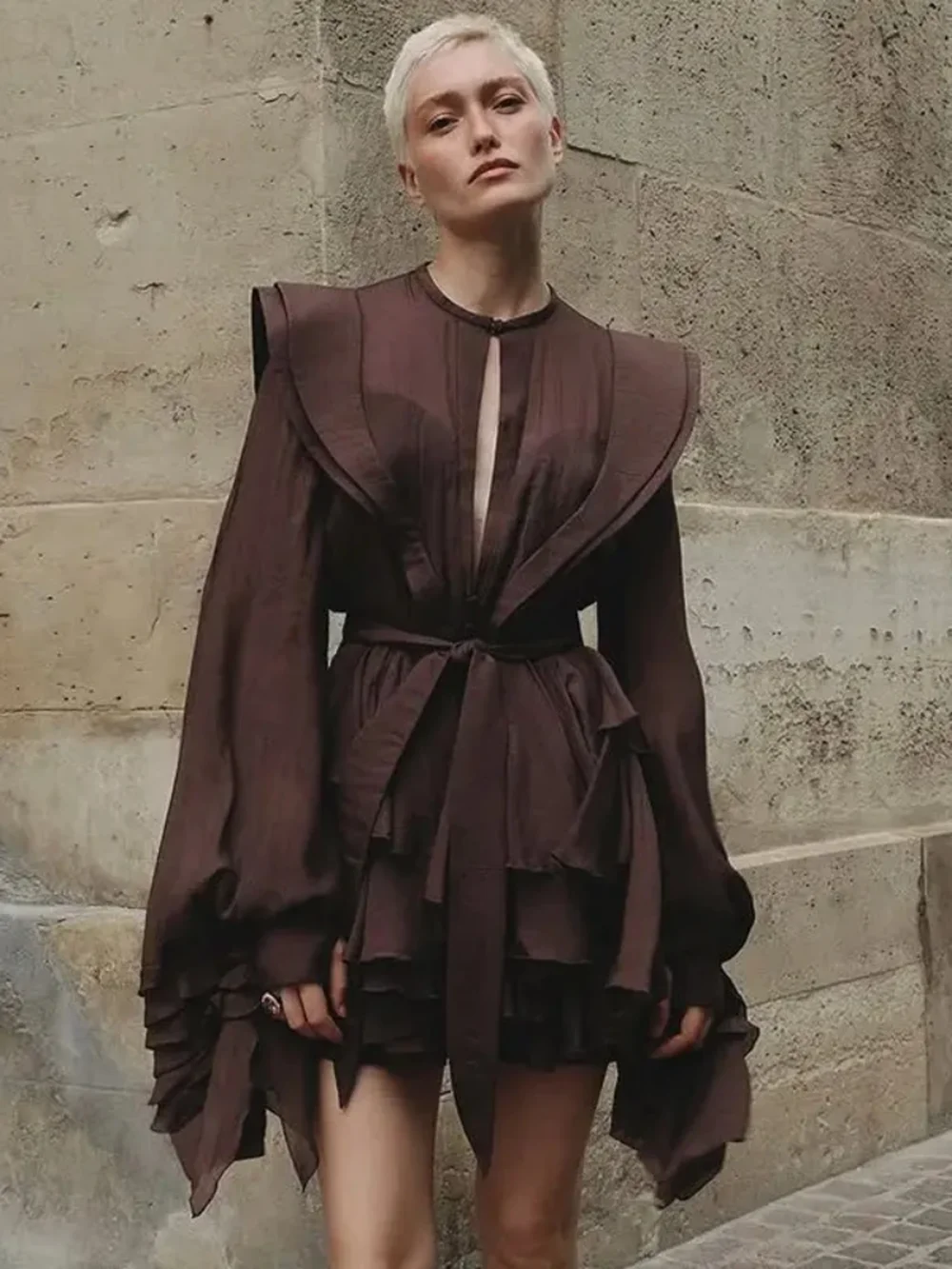 Modphy Mode Frauen Rüschen Kurzes Kleid Elegante Oansatz Spitze Up Laterne Langarm Mini Vestido Chic Weibliche 2025, Solide Kleider Image