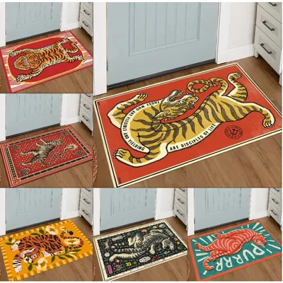 Retro Tiger Welcome Door Mat with Pattern Mat Rugs for Kitchen Bathroom Checkered Border bedroom Home Decoration Carpet