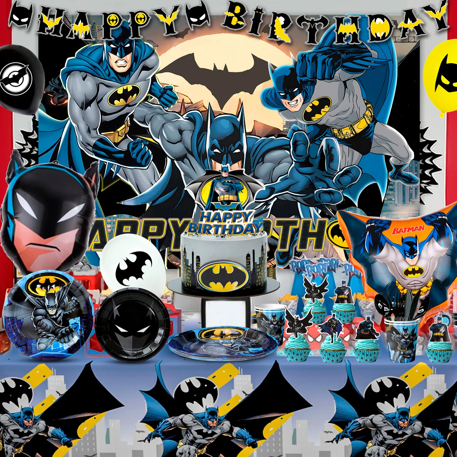 115-teiliges Marvel Batman-Geburtstagsparty-Dekorationen und Batman-Partygeschirr – Batman-Luftballons, Banner-Teller usw. Image