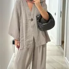 Pantaloni casual in cotone e lino da donna Set camicia ampia con scollo a V e bottone singolo Pantaloni a gamba larga a vita alta Abito da donna primavera-estate