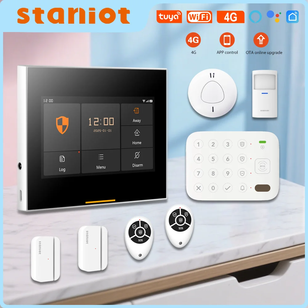 Staniot 4G Home Alarm Sicherheit Systeme Tuya Smart Wifi Outdoor Alarm Sirene Drahtlose Rauchmelder 433MHZ Tastatur Schutz kit Image