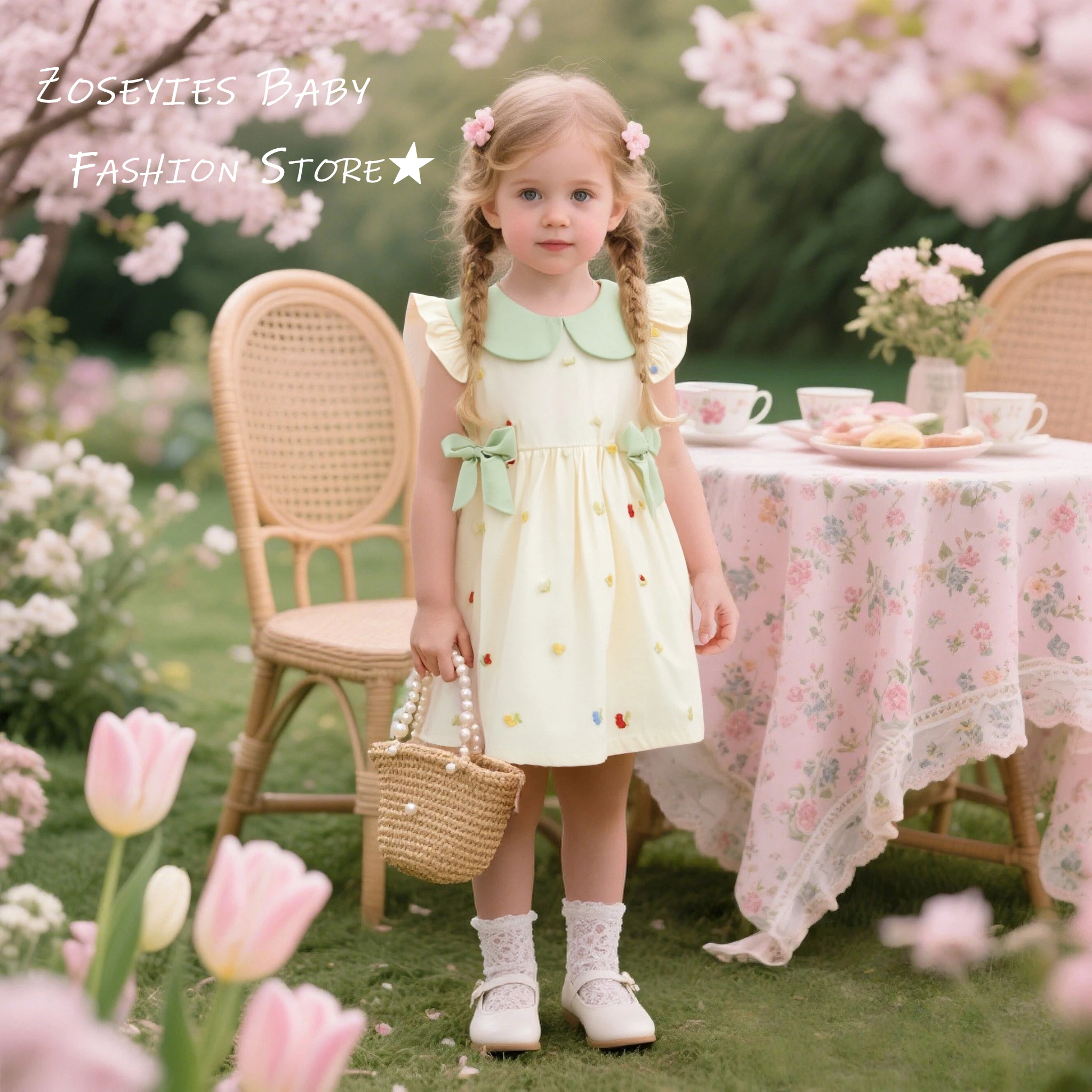 Baby Mädchen Kleid Sommer Baumwolle Bogen Kragen Mädchen Kleid Nette Blumen Prinzessin Baby Kleid Baby Mädchen Kleidung Image