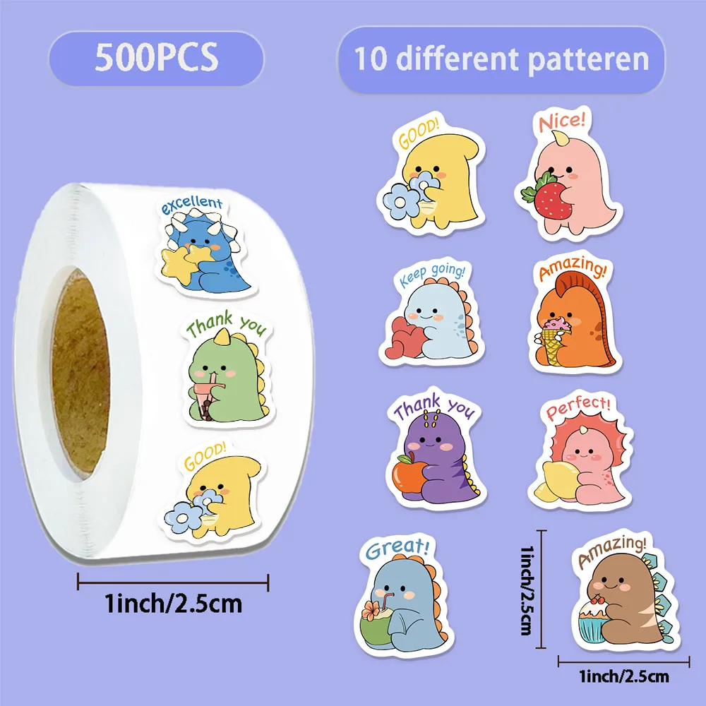 500 Stück niedliche Dinosaurier-Spaß-Belohnungsaufkleber, 10 Stück, 2,5 cm/1,0 Zoll, Lernbelohnungsset, Party-Geschenkstempel Image