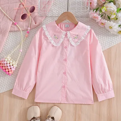 Rosa Bluse für Mädchen, lange Ärmel, Spitzenkragen, Blumenstickerei, süßes, elegantes Schulhemd für Kinder im Alter von 5–12 Jahren Image