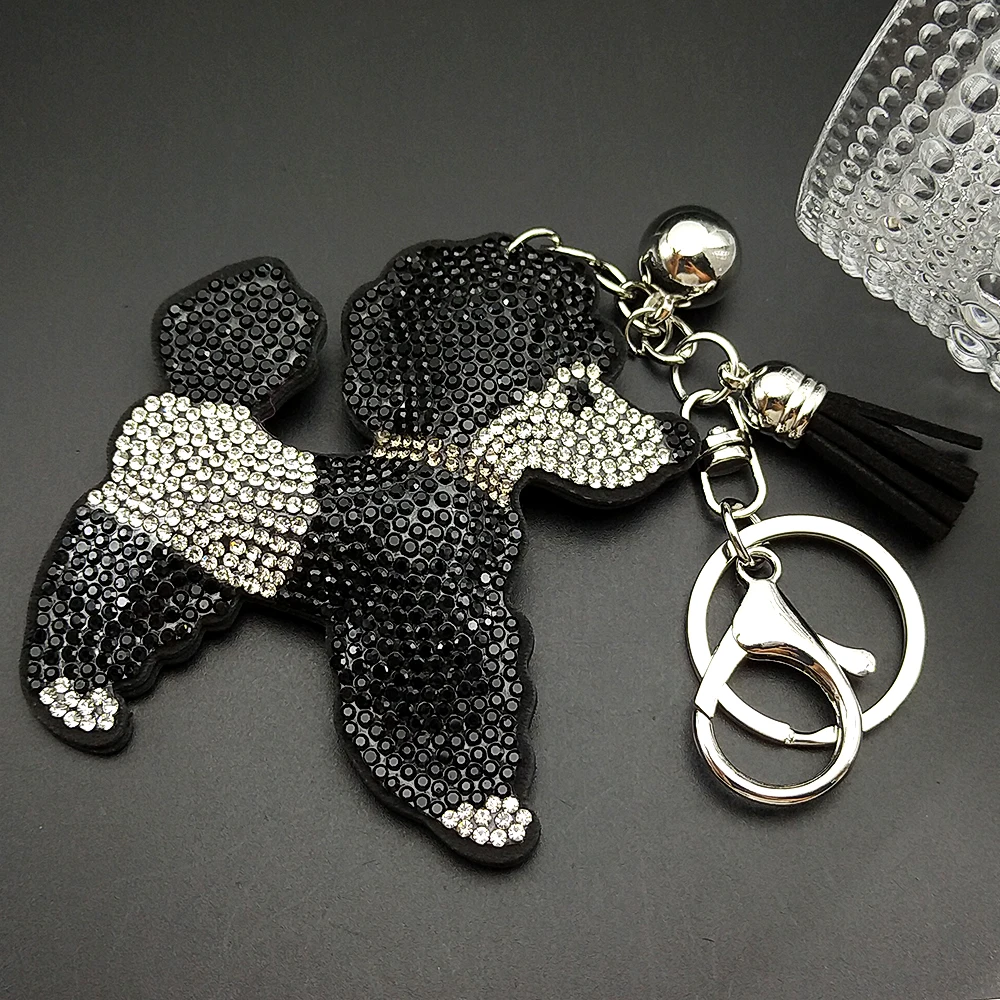 Pudel Teddy Hund Schlüsselanhänger Damen Herren Voller Strass Kristall Schwarz Quaste Kawaii Welpe Tier Geldbörse Tasche Charm Schlüsselanhänger Schmuck Image