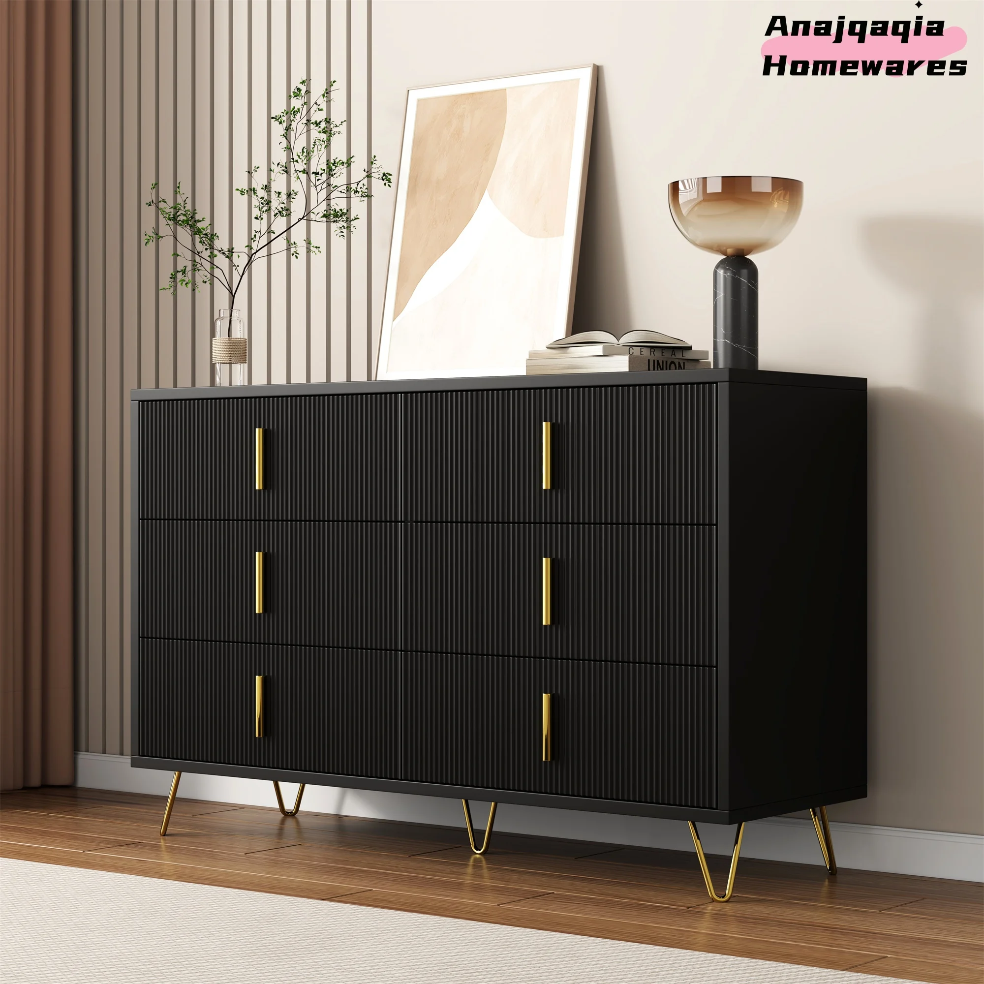Anajqaqia Modernes Sideboard, Wohnzimmerschrank, mit 6 Schubladen, mit goldenen Griffen und Metallhalterungen, 40 x 120 x 77 cm, Schwarz Image