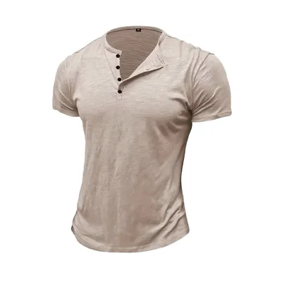 Summer Men's Cotton T-shirt Short-sleeve Henley Collar Casual Solid Color Button Tees Polo High Quality Male Cozy T-shirts