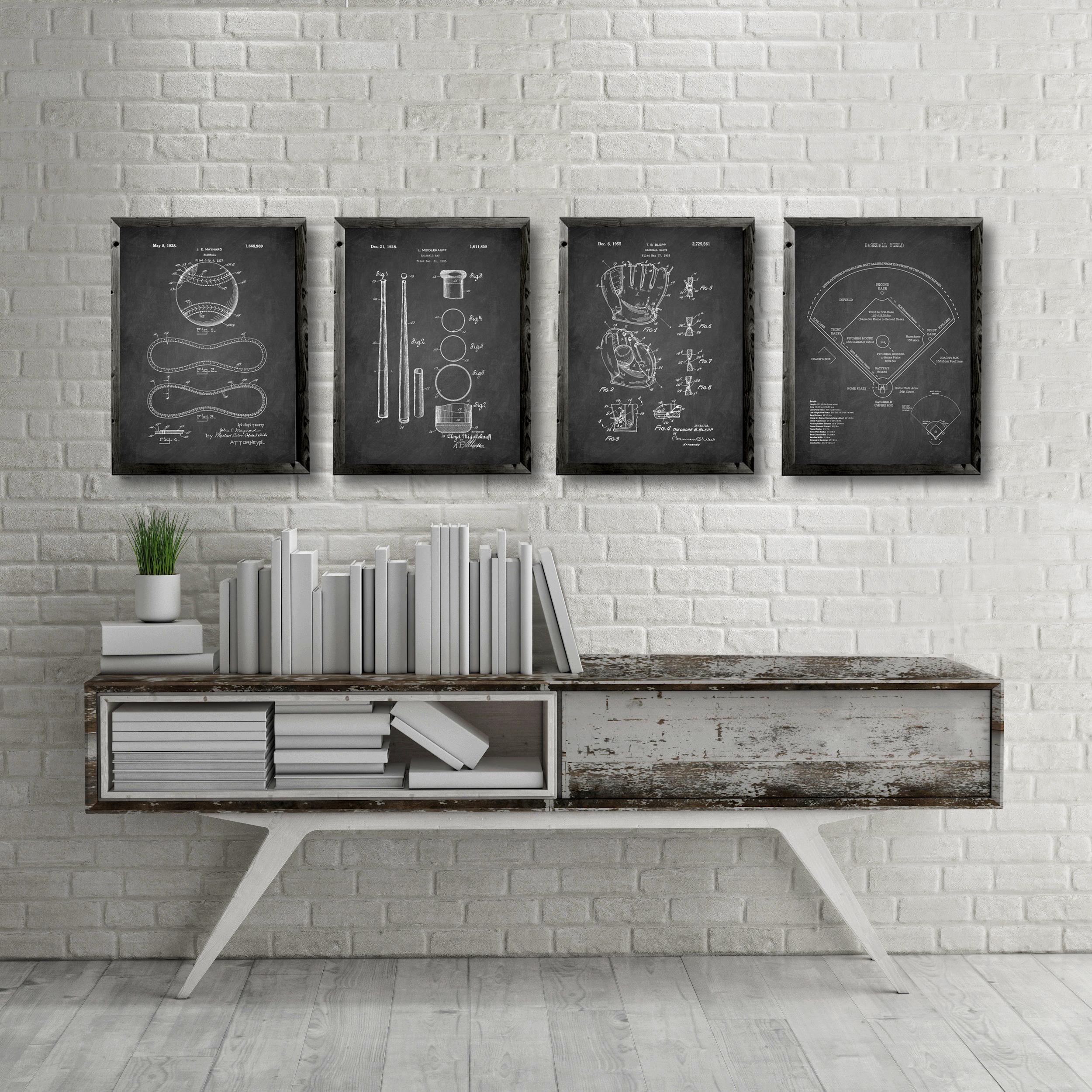 Set di 4 poster brevetti BASEBALL, stampa brevetto baseball, brevetto mazza da baseball, brevetto guanto da baseball, poster campo da baseball, arreda