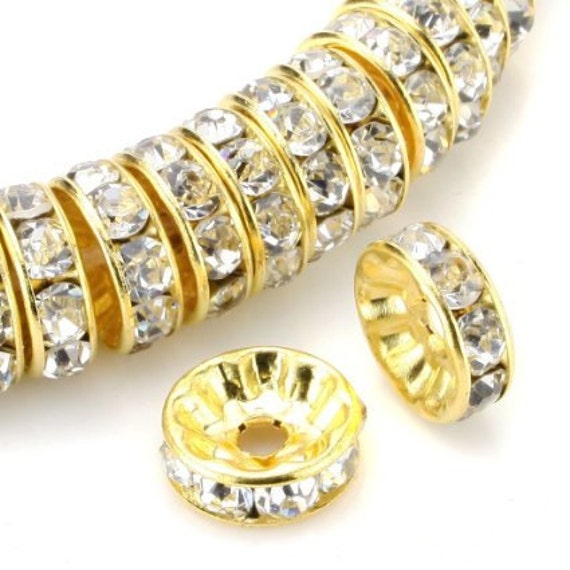 Scegli 50 pezzi di perline distanziatrici rondelle placcate oro 18K di qualità AAA+, strass di cristallo trasparente da 5 mm, 6 mm, 8 mm, 10 mm e 12 m