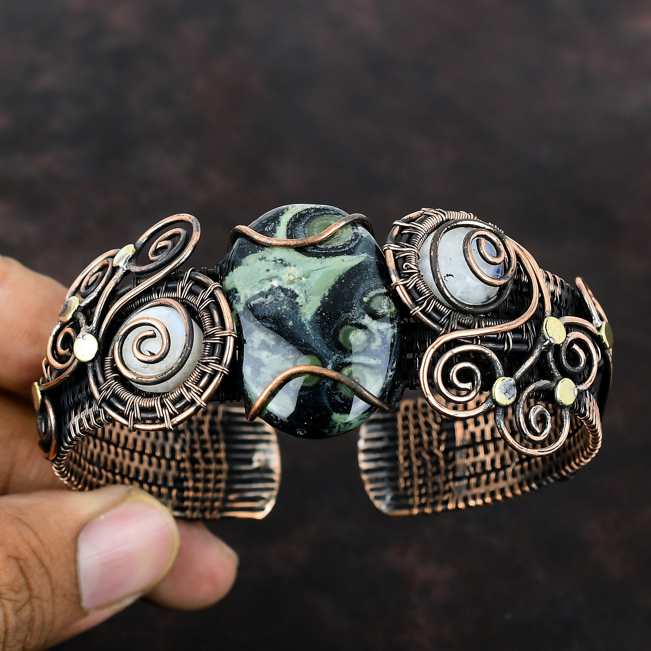 Bracciale rigido in diaspro Kambaba, bracciale rigido in pietra di luna arcobaleno, bracciale rigido con filo di rame, bracciale rigido con pietre pre